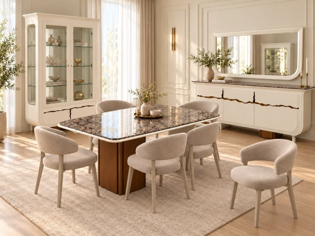 PRESTIGE — Blanc cassé / أبيض مكسور — table, 6 chaises, bahut avec miroir et argentier