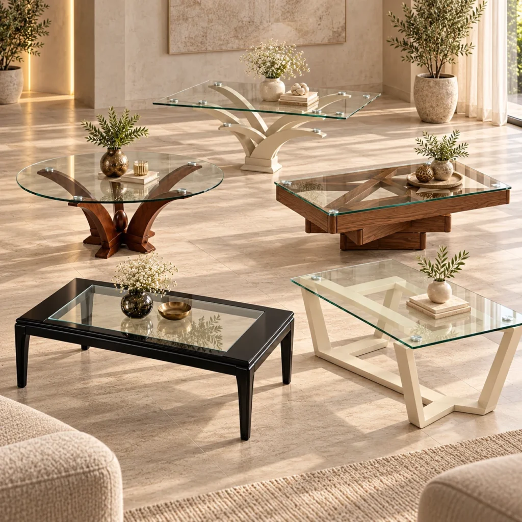 Collection FURNIDAR : tables basses CRISTAL, ETOILE, FLORA, VICTORIA et ZED — مجموعة طاولات القهوة بخمسة تصاميم